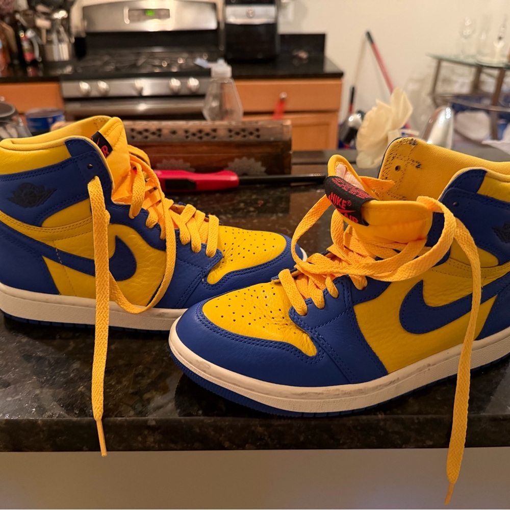 Jordan 1 NIKE Reverse Laney Blue and Yellow High-Top Sneakers
